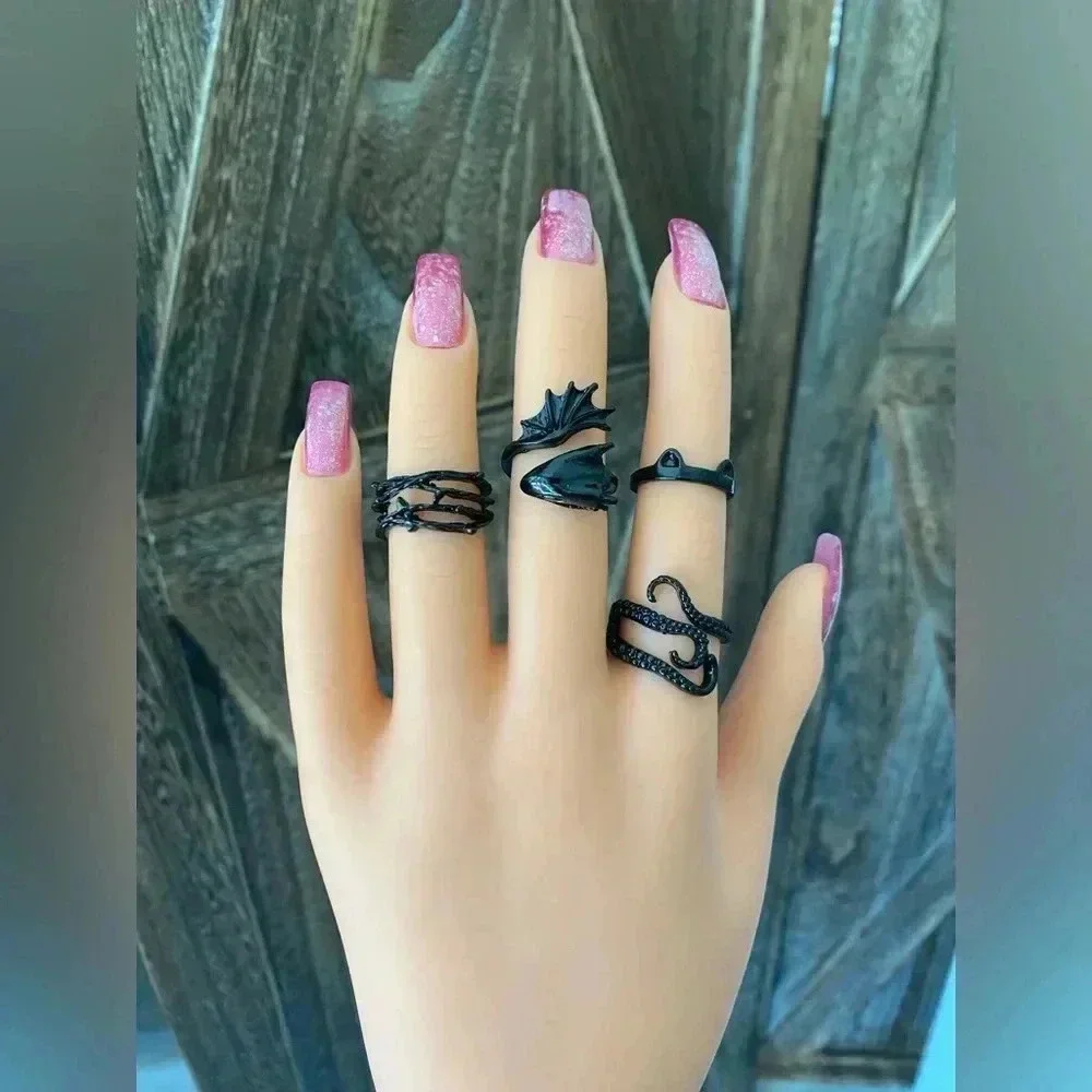4 Pack Tentacles Dragon Thorns Black Goth Punk Rock Rings New